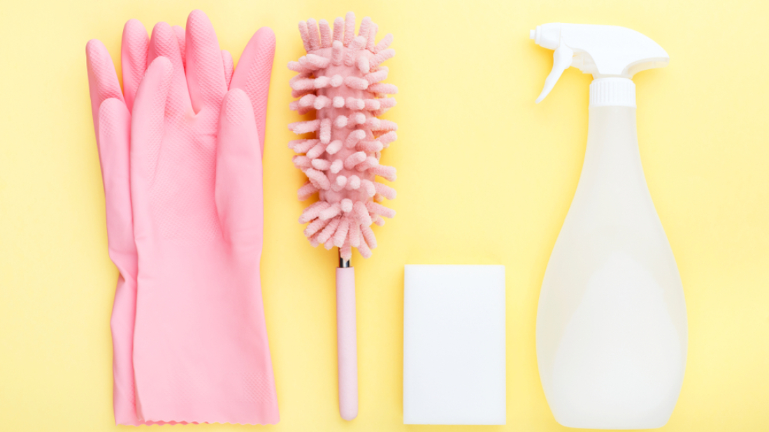 Concept,Cleaning,,On,A,Yellow,Background,Pink,Gloves,C,Soft