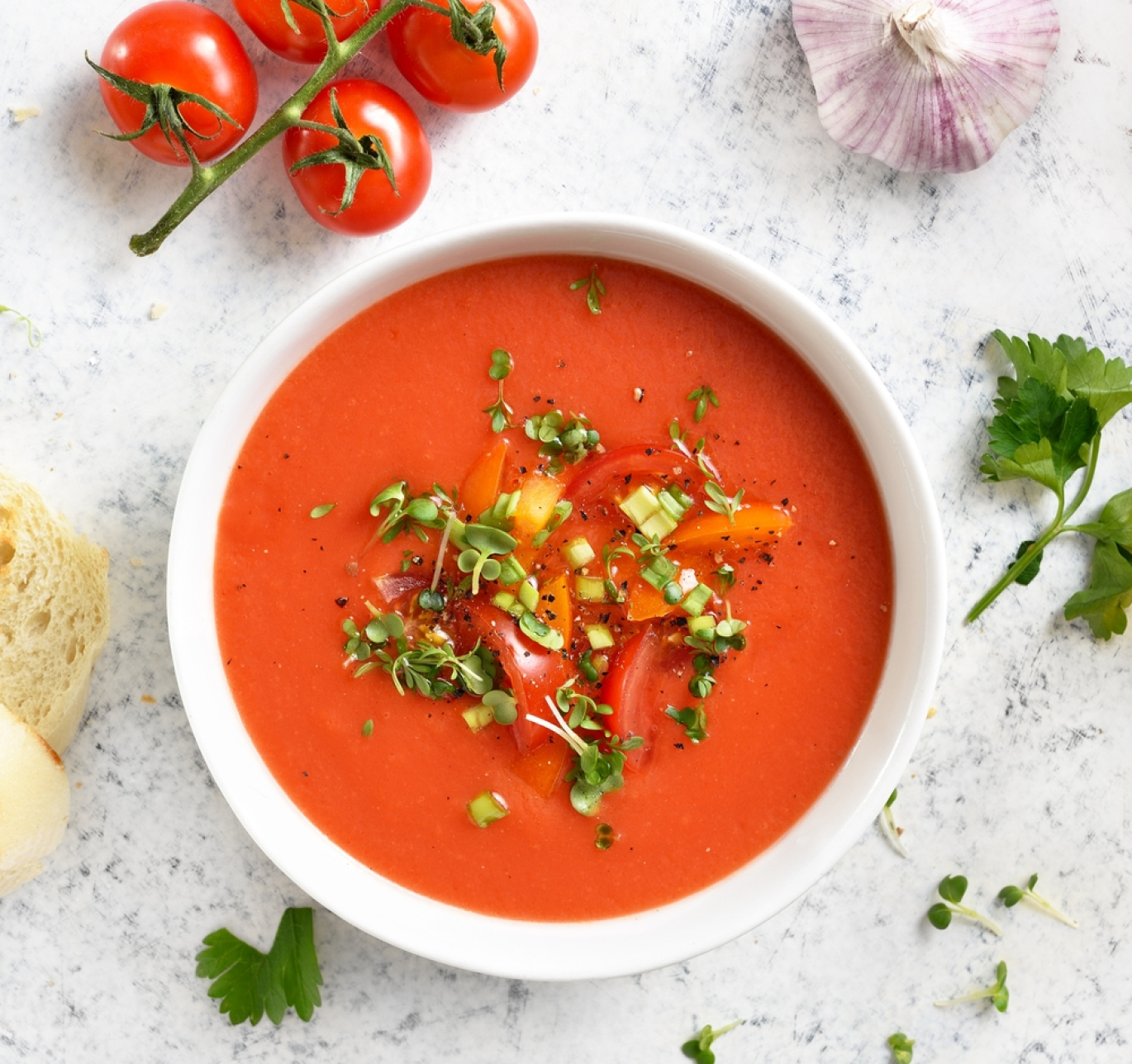 Homemade,Gazpacho,Soup,In,Bowl,Over,Light,Stone,Background.,Cold