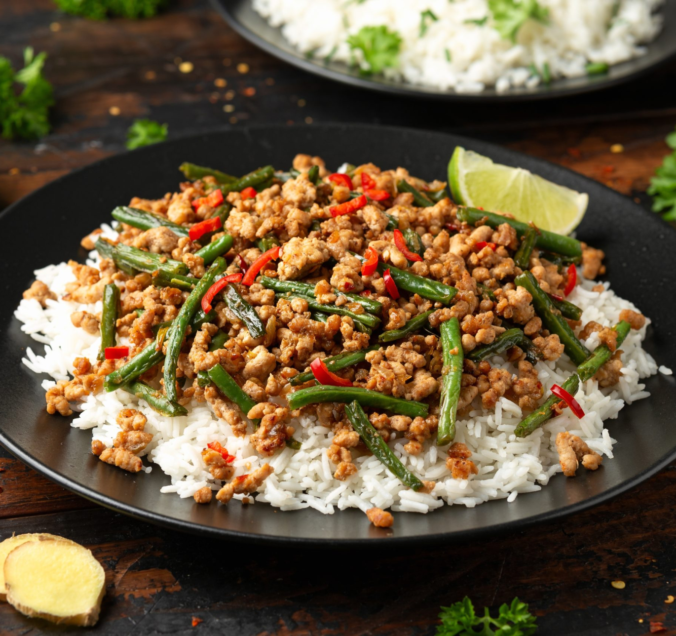 Pork,Stir,Fry,With,Green,Beans,,Rice,,Garlic,,Chili,And